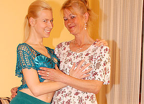 Two blonde old and young lesbians have fun